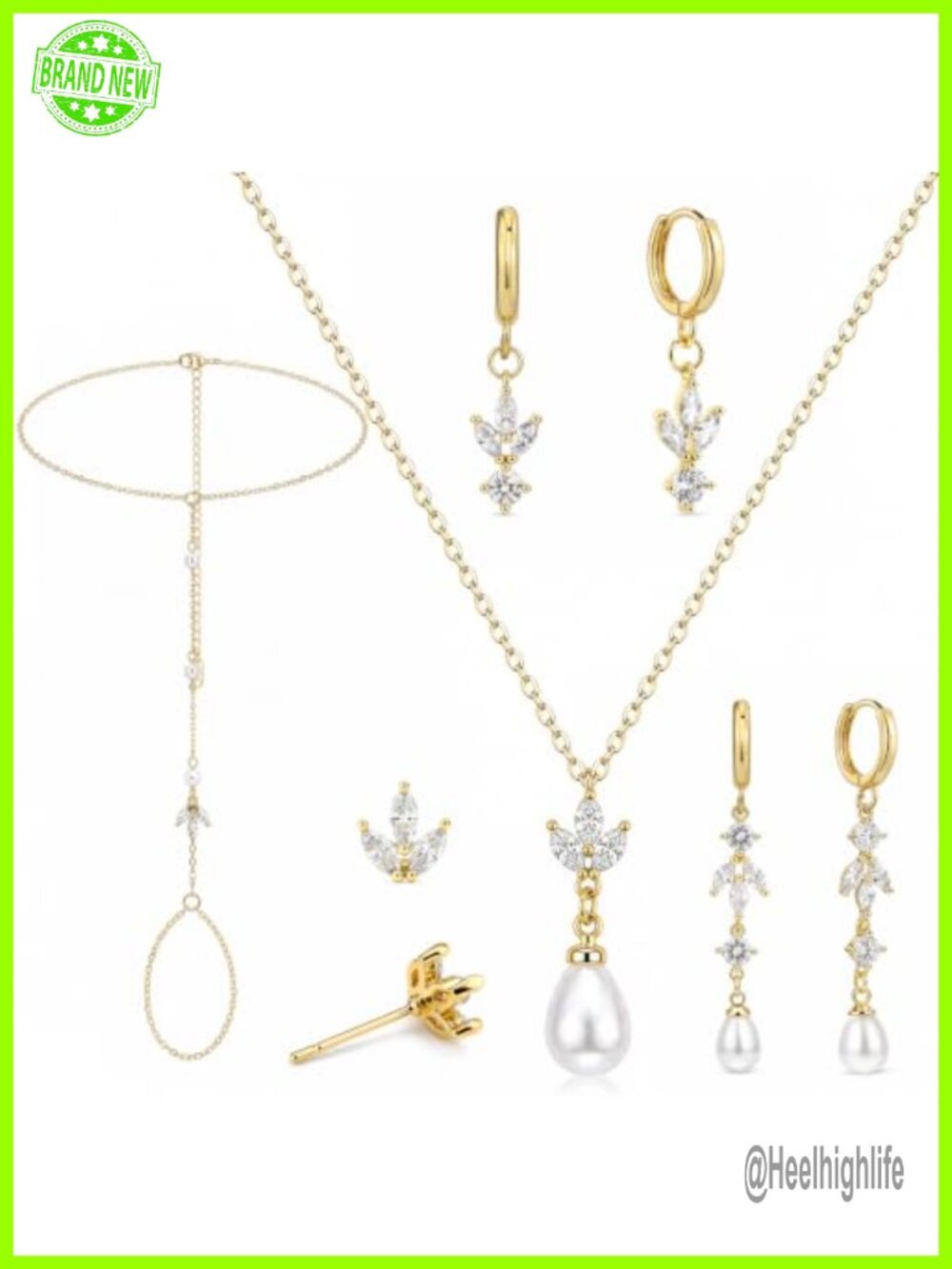 14K Gold Plated Pearl Jewelry Set 5 Pcs Necklace Earrings Bridal Wedding